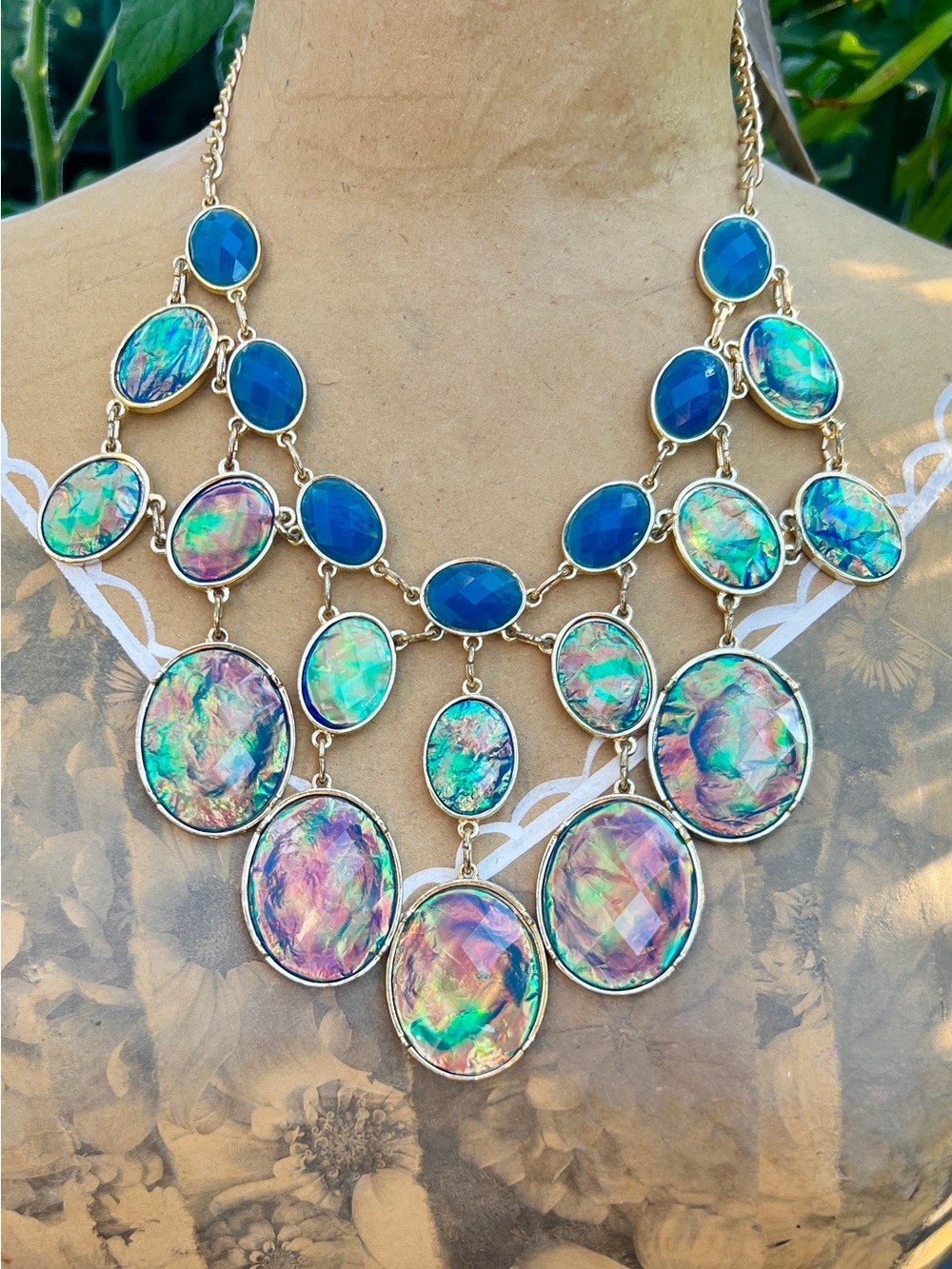 Vintage Y2K Gold Tone Iridescent Statement Bib Necklace Blue Opalescent Boho Gla